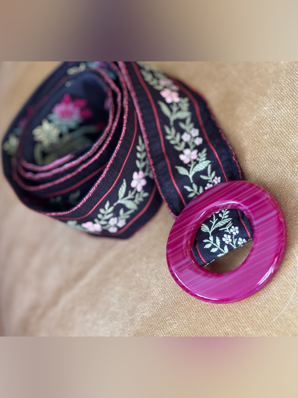 HADLEY POLLET embroidered BELT reversible BLACK & PINK M/L
